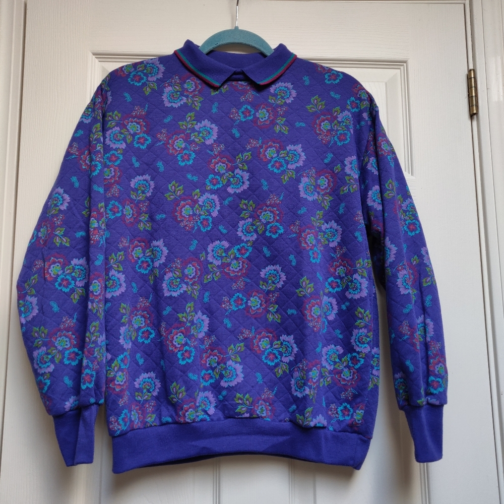 Vintage Gitano Purple Floral Quilted Collared Sweatshirt Size Small - Picture 1 of 7